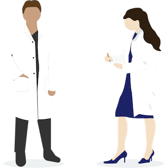 A female doctor taking notes while standing next to a male doctor