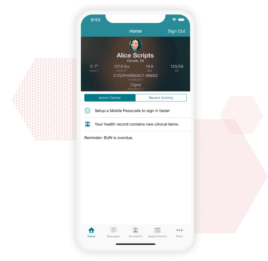Follow My Health patient portal interface showing medical records and messaging features