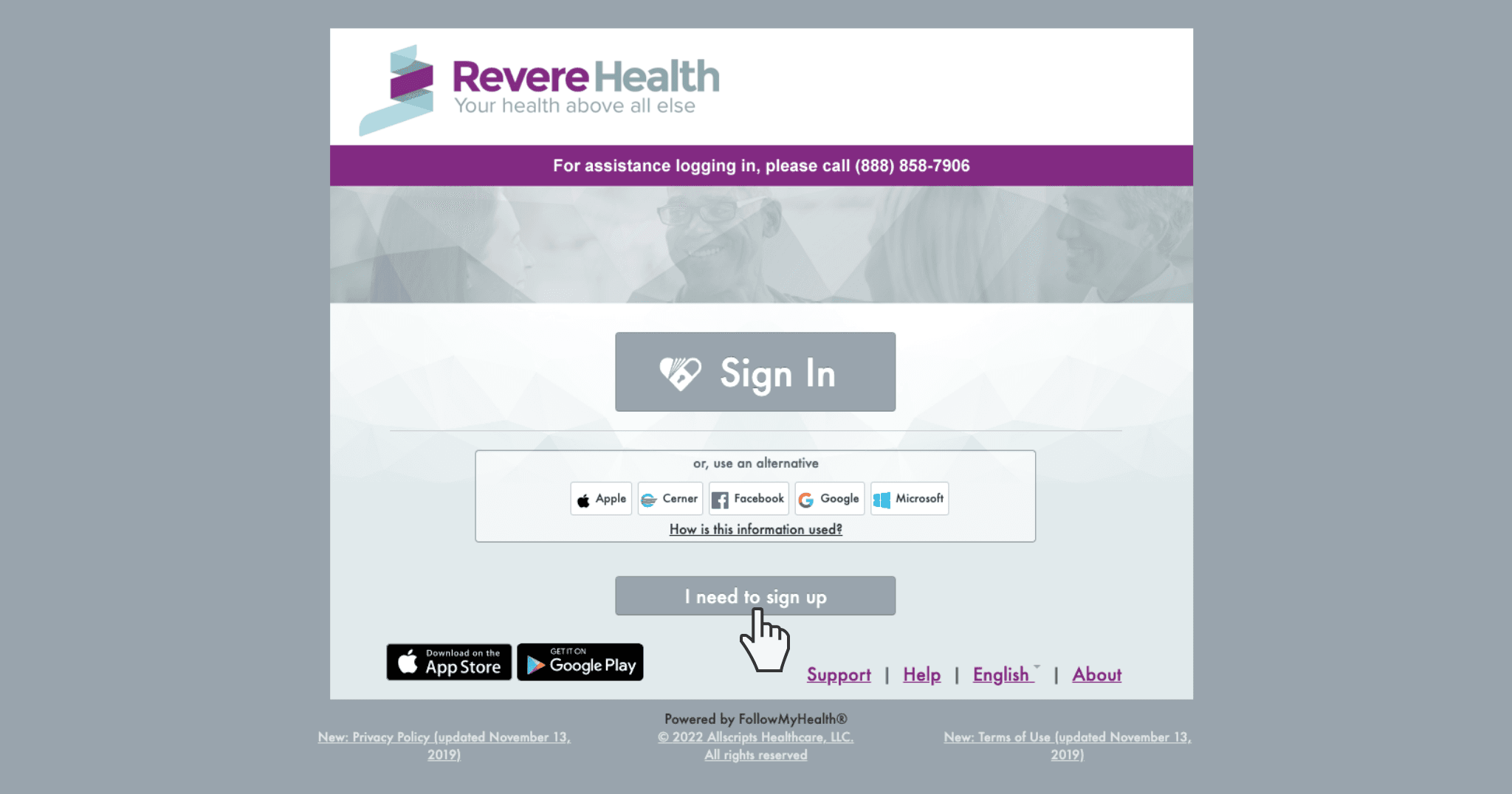 FollowMyHealth signup screen showing sign up button