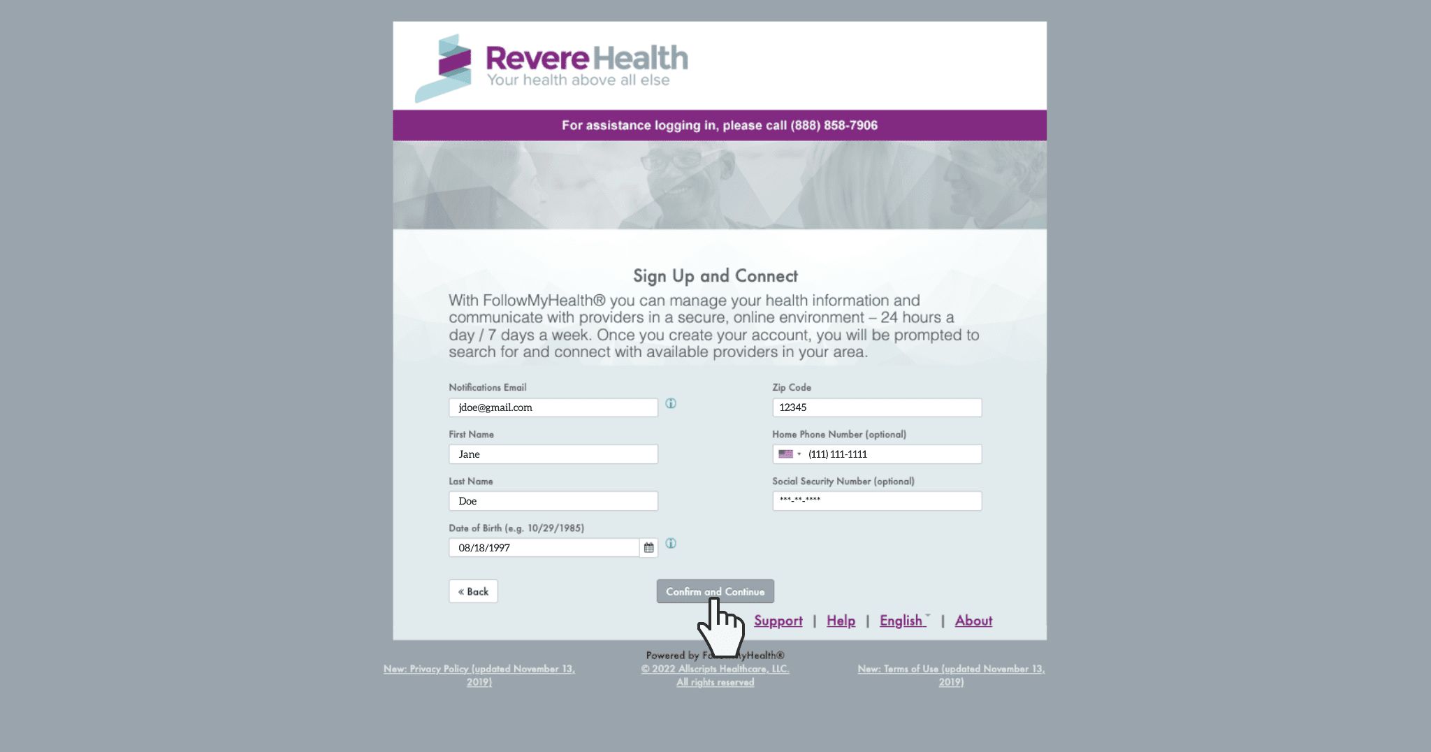 FollowMyHealth registration form with personal information fields
